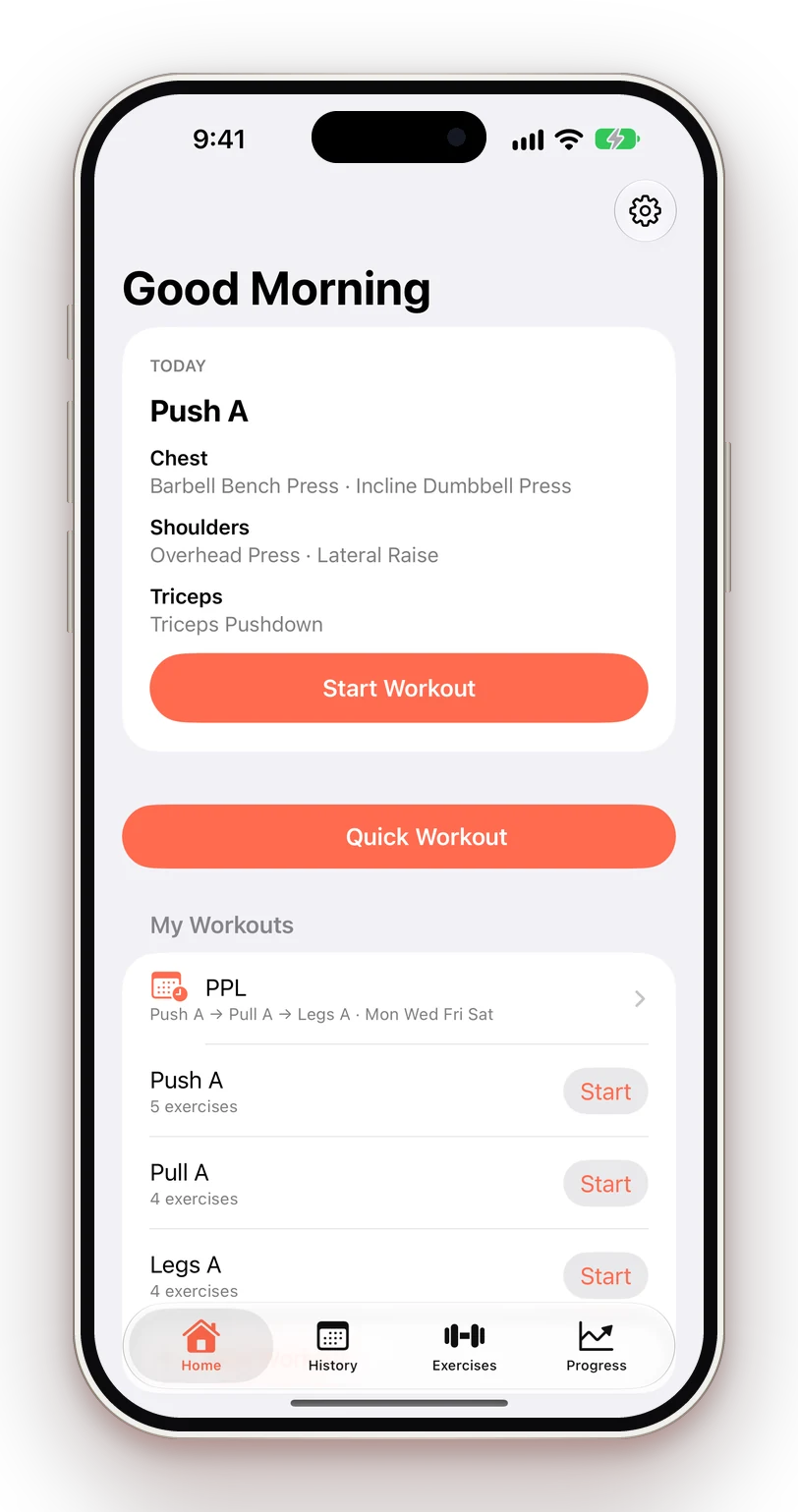 GymPing home screen showing today's Push A workout