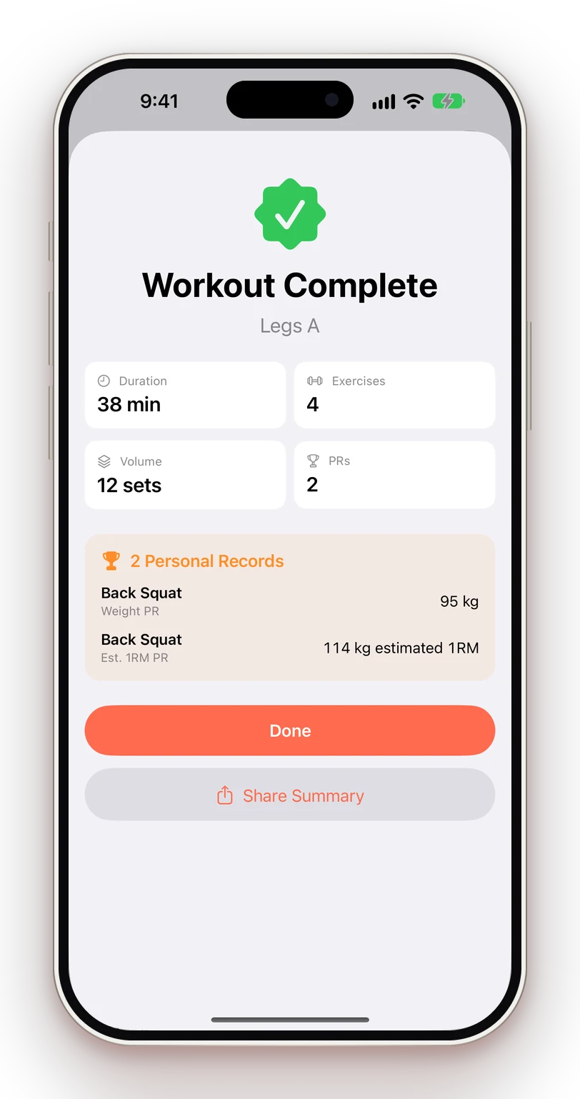 GymPing workout summary with two personal records